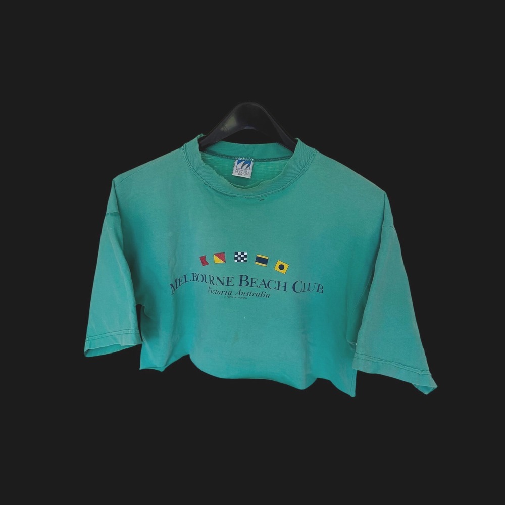 Y2K Melbourne Beach Club Green Cropped T-Shirt Womens L Raw Hem